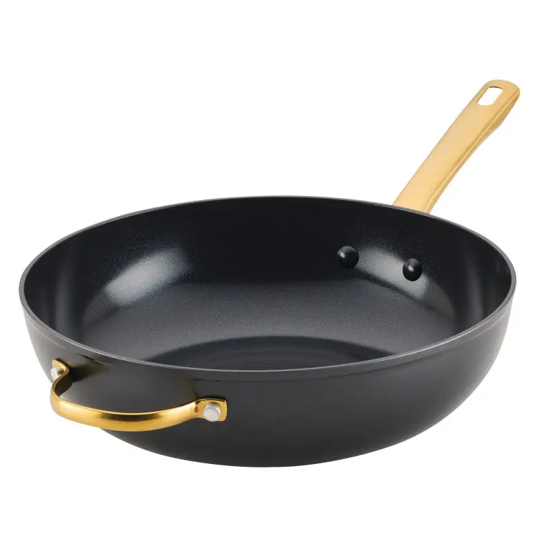 12.25-Inch Nonstick Frying Pan (Skillet) with Helper Handle - Induction Ready, Ceramic Nonstick Coating, Forged Aluminium Body, Steel Base, Black Exterior with Gold Accents, Durable Kitchen Cookware for Everyday Use