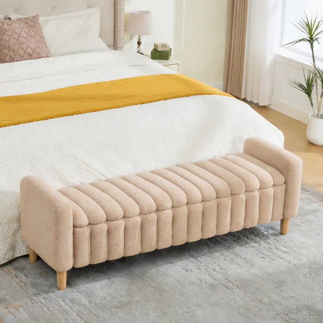 63.4"W Modern Upholstered Storage Bench with Flip-Top, Wave Channel Tufted Teddy Fabric, Solid Wood Legs, Armrests, Footrest Stool for Bedroom Entryway Living Room, Multiple Color Options, Black/Caramel/Ivory/Wheat Color Options