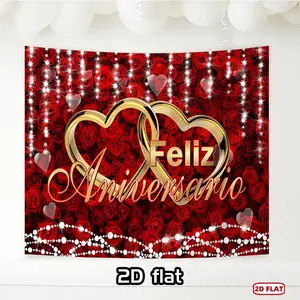 1pc Golden Heart Feliz Aniversario 2D Flat Banner, Polyester Shimmer Wall Backdrop, Home & Garden Party Decoration Supplies for Birthday Festive Occasions