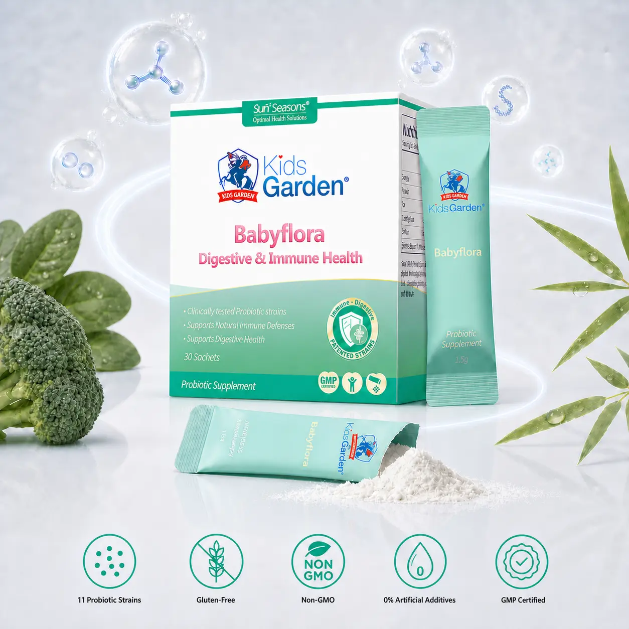 Kids Garden Babyflora Infant & Toddler Probiotics Powder, 100B CFU Daily Digestive & Immune Support, Relieves Gas, Constipation, Colic & Diarrhea, Non-GMO & Gluten-Free (30 Sachets)