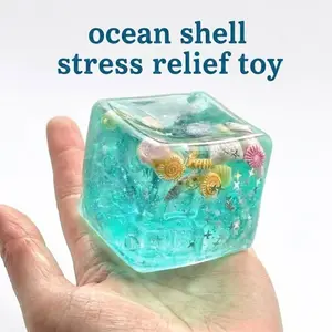 Ocean Shell Stress Relief Toy, Jelly Transparent Glitter Squishy Cube for Anxiety, Slow Rise Sensory Fidget Squeeze Office Desk Gift
