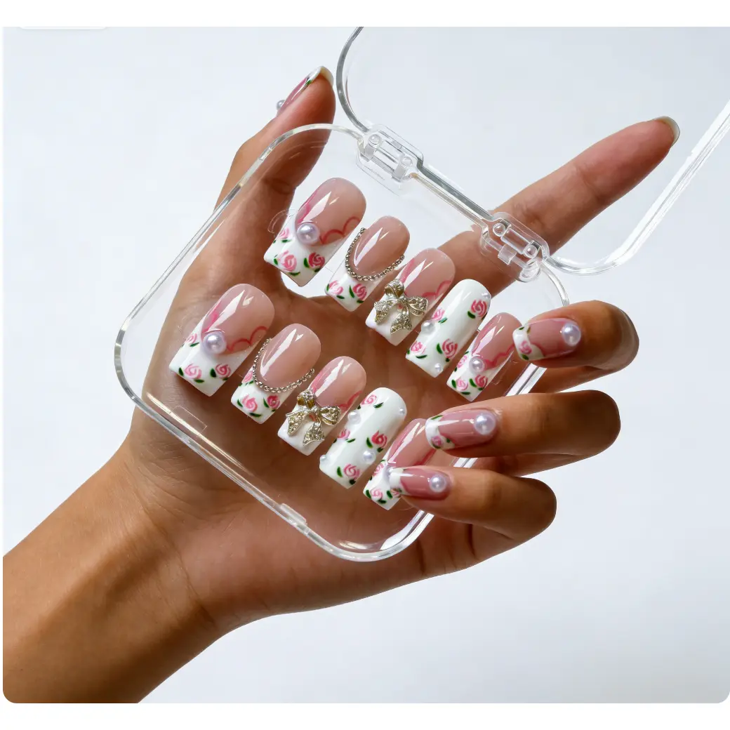 Vosplends  RoseBow, handmade 10pcs  middle coffin  press on nails , 3D flower nails,birthday gifts,Christmas Gifts Festive Christmas Nail Art Setblack friday deals red christmas Girls' Cute Press-On Kitpress on. nail