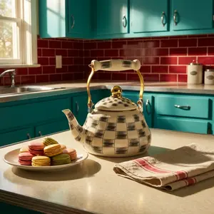 Vintage Enamel Teapot, 1.5L/2.0L/2.5L, Cream Checkered Design, Heat Resistant Handle, Quick Boil, Gas & Electric Stove Use, Kitchen Decor