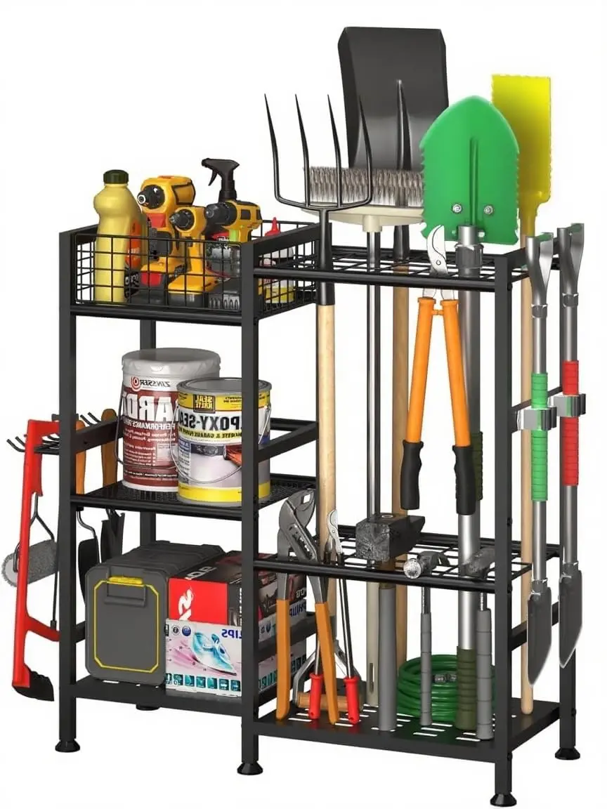 Garvee Heavy Duty 3-Tier Garden Tool Organizer with 6 Shelves and 35 Long-Handled Slots - Yard Storage Rack with Basket for Efficient Lawn and Shed Organization