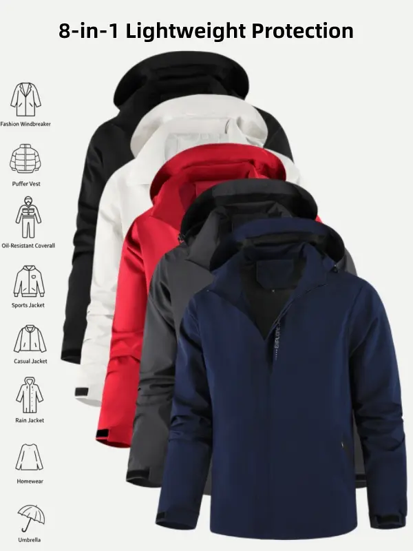 Men's Lightweight Hooded Jacket - Waterproof & Windproof Breathable Activewear Coat for Hiking & Commuting, Sporty Casual Style, Menswear, Coats, Athletic, Sportswear, Plain