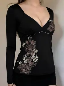 Women's Retro Floral Print V Neck Slim Fit Long Sleeve Knit Top, Classy Tops, Y2K Aesthetic Casual Wear for Spring & Fall Season