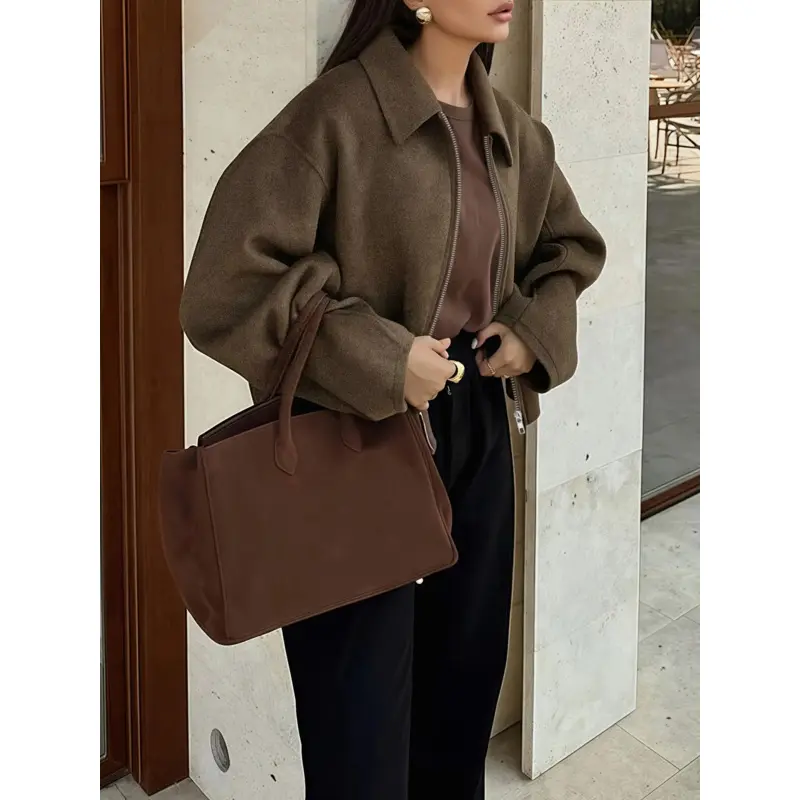 Women's Collared Neck Polyester Jacket - Minimalist Solid Beige, Zip-Up Closure, Relaxed Fit, Elegant Tops-Coats for Professional Business Office Wear, Lapel, Loose-Fitting