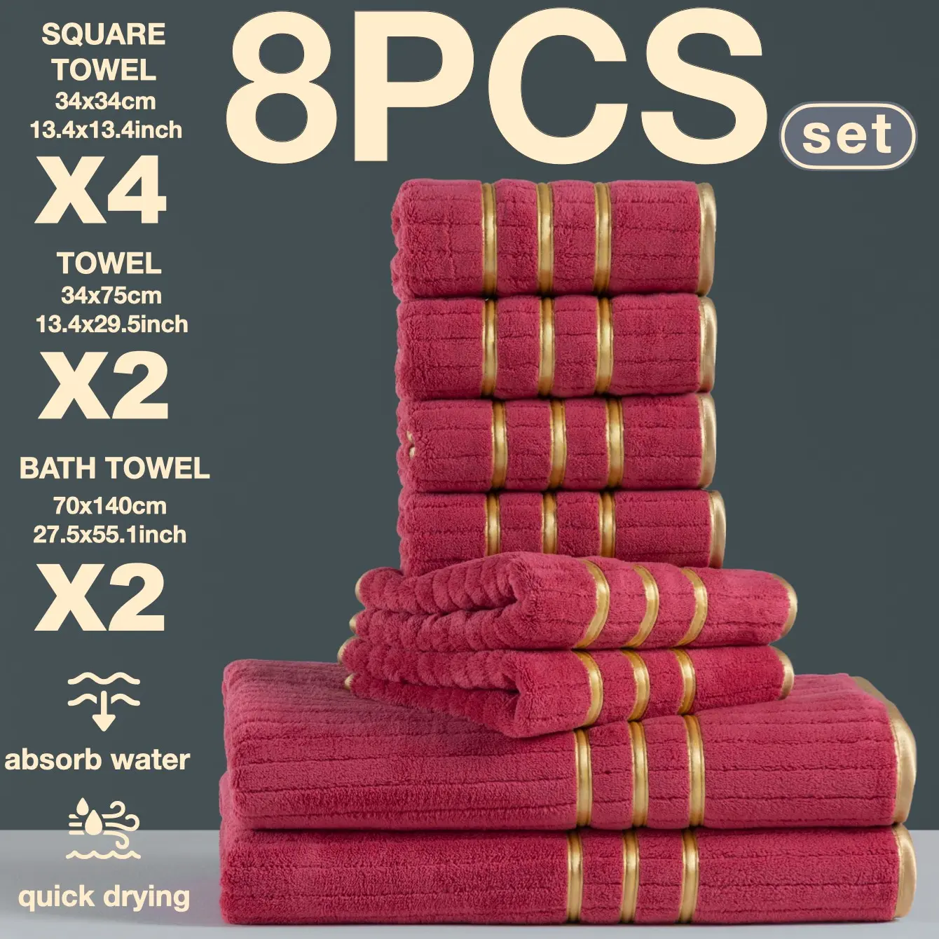8-Piece Bath Towel Set, Modern Luxury Trim, Quick-Dry Super Absorbent Microfiber, Suitable for Home Camping Hotel School Factory