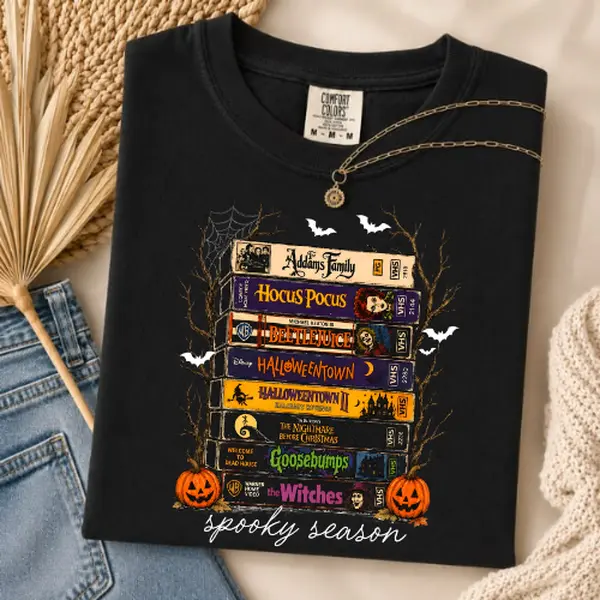 Spooky Season Halloween Books Shirt Comfort Colors, Hocus Pocus Beetlejuice Halloweentown Goosebumps Graphic Tee, Horror Movie Book Stack T-Shirt, Halloween Lover Gift, Fall Aesthetic Tee Top Womenswear