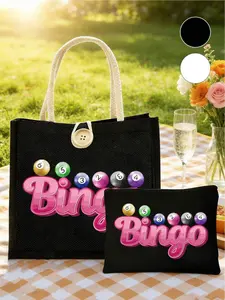 Pink bingo pattern casual linen tote bag set, including a bingo pattern women's handbag and wallet, large-capacity women's bag, reusable cloth shopping bag, portable makeup bag, multifunctional shopping bag