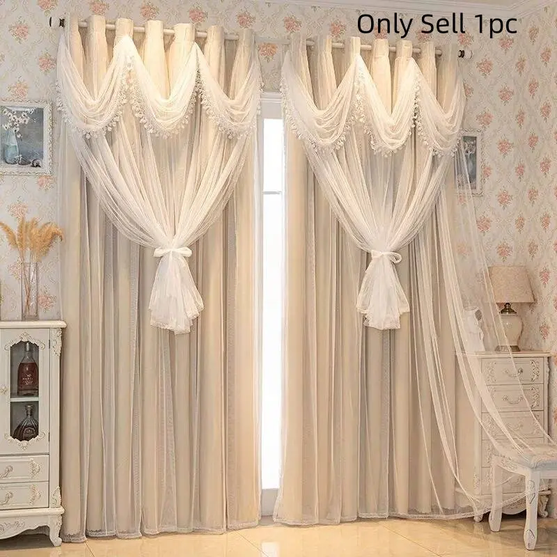 1pc Full Blackout Curtains, Polyester Curtain, Double-layered yarn with skirt hem, Korean Style Drapes with Skirt Hem, Top Hole Hanging Design, Ideal for Dining Room, Living Room, Bedroom