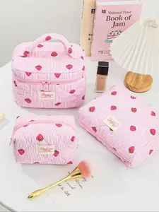 Strawberry Pattern Makeup Bag Set, Travel Cosmetic Bags, Makeup Organizer Pouch, Makeup Brush Storage Bag & Cosmetic Bag & Makeup Mirror, Portable Travel Makeup Bag, Storage Cosmetic Bag
