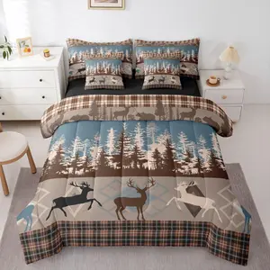 Hunting Deer 7 Piece Bedding Set Wild Jungle Deer Comforter Set with Sheets for Kids Boys Girls Western Farmhouse Bed in a Bag Brown Checkered Bed Set Soft Lightweight