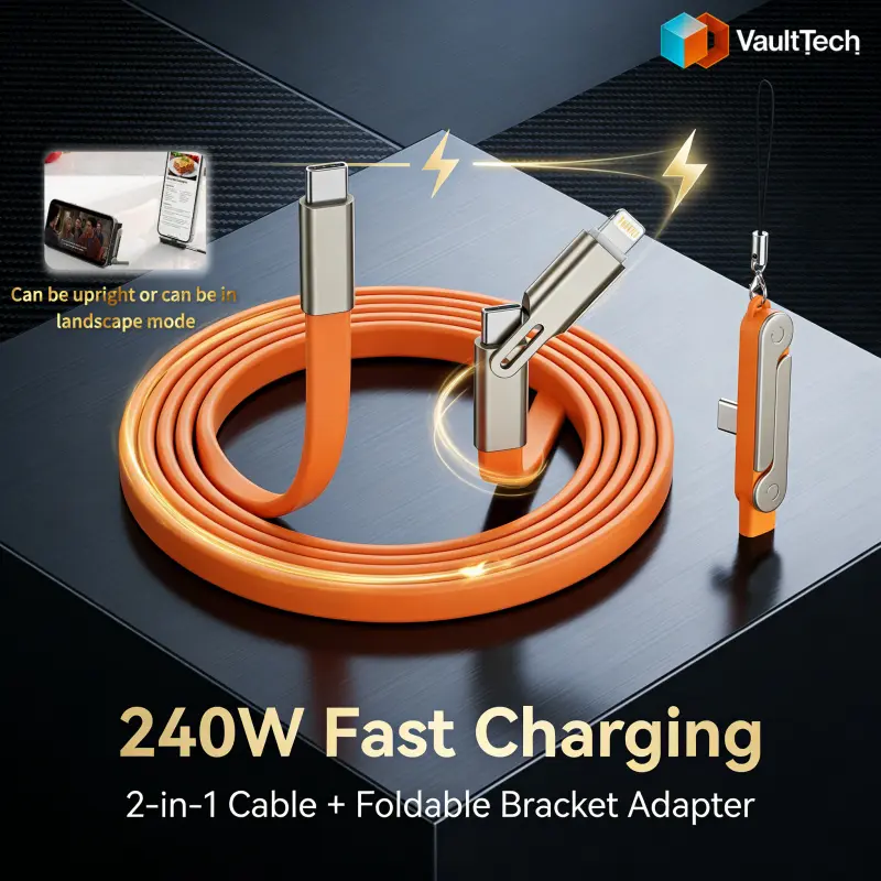240W 3-in-1 Black/Orange Fast Charging Foldable Bracket Data Cable Fast Charger Cord Type-C to Type-C Data Wire with Phone Tablet Stand Dual Connector Accessory