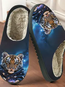 Starry Sky Cute Tiger Printed Cotton Slippers, Anti-Slip Thick Sole, Plush Lining, Casual Home Wear for Men and Women, Fall Winter Warm Shoes