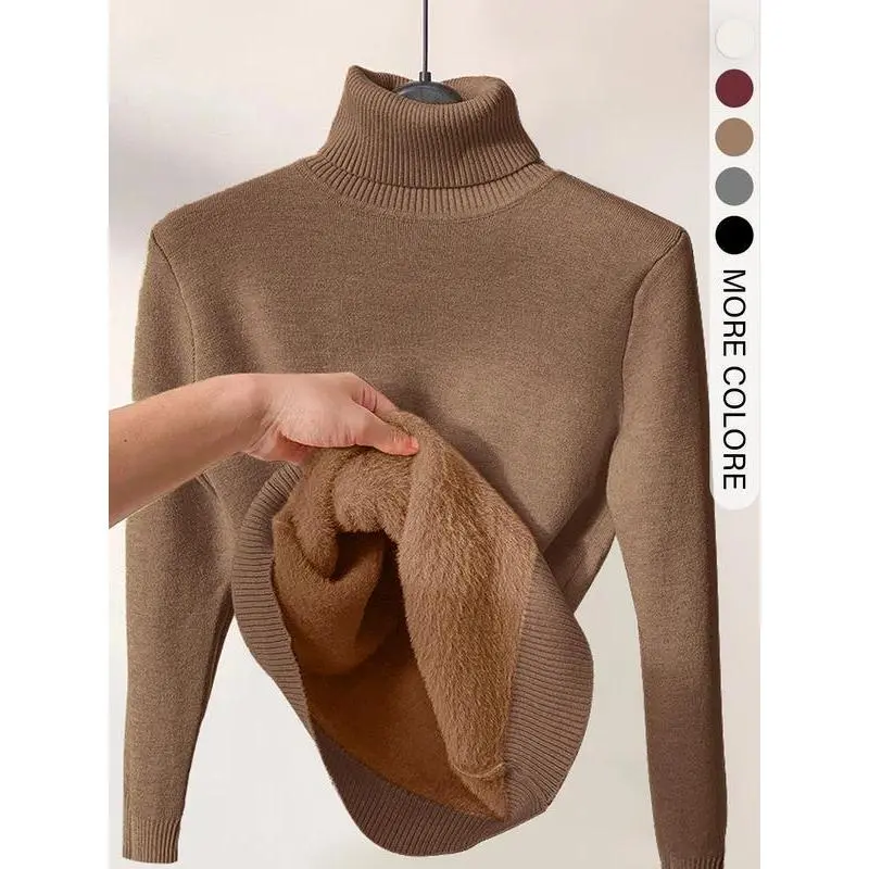 Women's Solid Thermal Lined Drop Shoulder High Neck Sweater, Casual Solid Long Sleeve Jumper For Daily Outdoor Wear, Women Knit Top for Fall & Winter(gift)