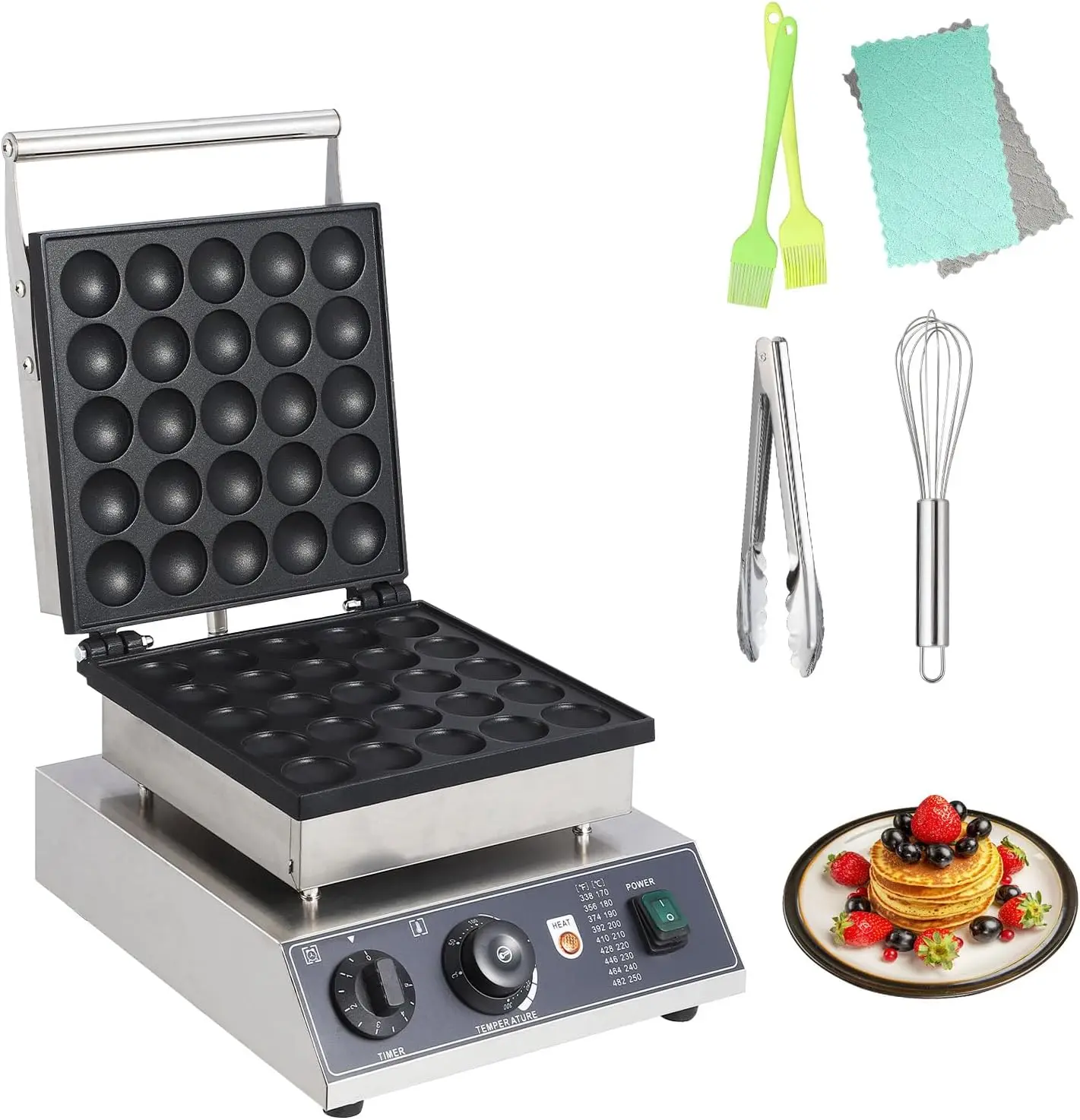 【Christmas Gift】Commercial Round Muffin Maker 25 Hole Flip Top Non-Stick Waffle Maker Stainless Steel 110V Temperature and Time Control Heart Belgian Waffle Maker Ideal for Restaurant, Snack Bar and Home Use