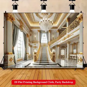 2D Flat Printing Backdrop Banner Photo Backdrops 1pc, Elegant Gold Staircase Decor Vibrant Polyester Background Cloth for Family Party, Wedding, Birthday, Christmas, Thanksgiving, Fall, Entryway, Room Decorations, Easy to Set Up, Reusable
