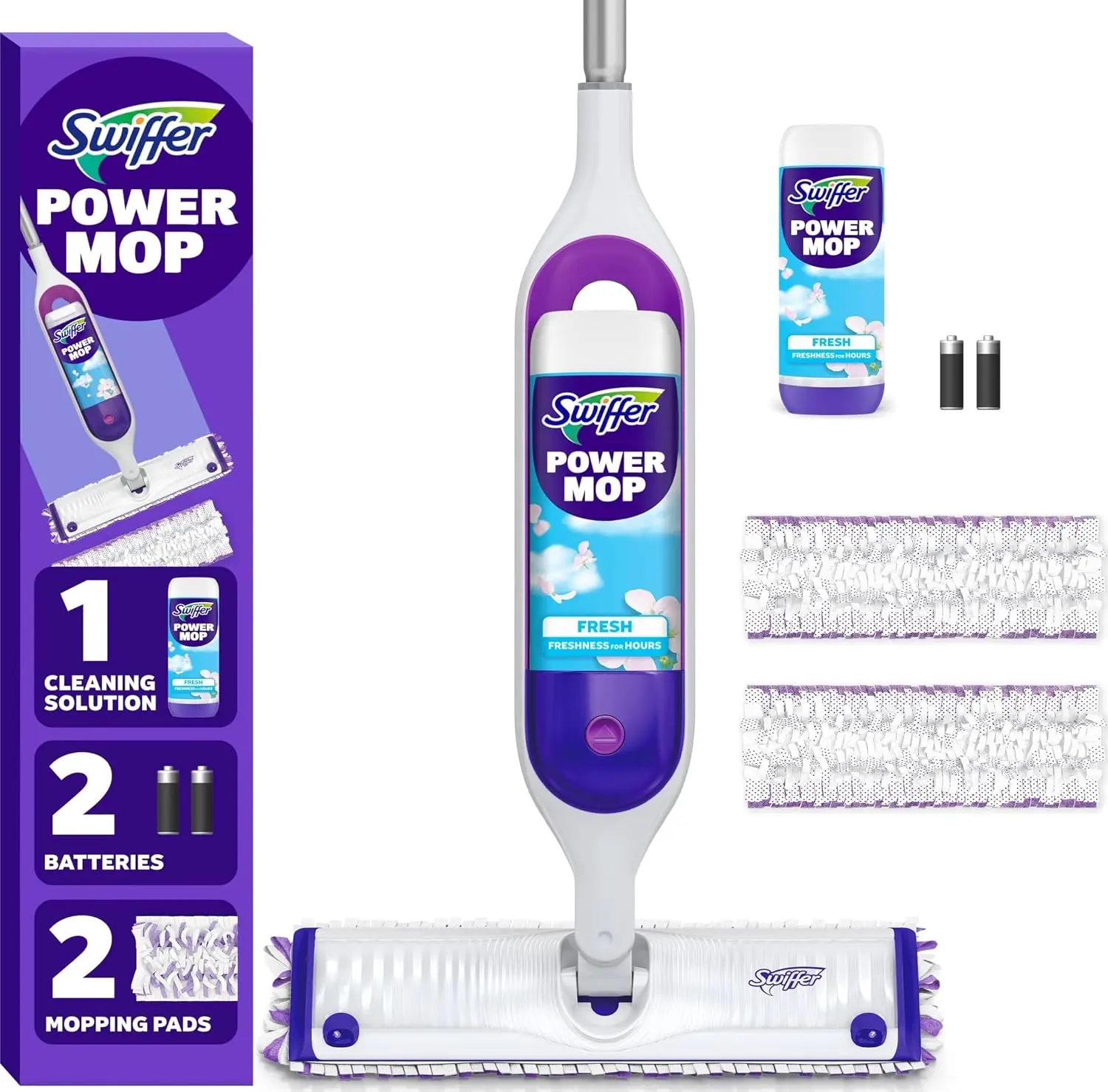 Swiffer PowerMop Mopping Kit for Floor Cleaning, Set Includes 1 Power Mop, 2 Replacement Pads, 1 Liquid Solution Refill, 2 Batteries, No Bucket Needed Electric Spray Cleaner, Multi-Surface and Wood Wooden