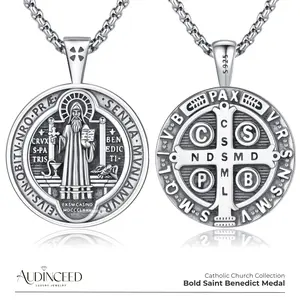 Audinceed St Saint Benedict Medals Necklace, Solid S925 Sterling Silver Medalla de san benito Catholic Church Protection Silver Necklace Pendant Religious Blessed Amulet Jewelry Gift for Faith Safety Fathersdaygift