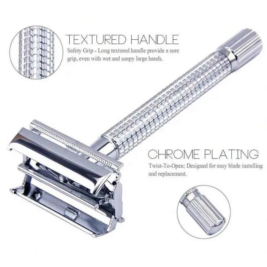 Men's Double Edge Safety Razor, 10pcs Blade Set, Replaceable Blades, Portable Reusable Manual Shaver, Stainless Shaver, Ideal for Home Salon Use, Comfortable & Efficient Grooming Tool, Safety Shaving Razors