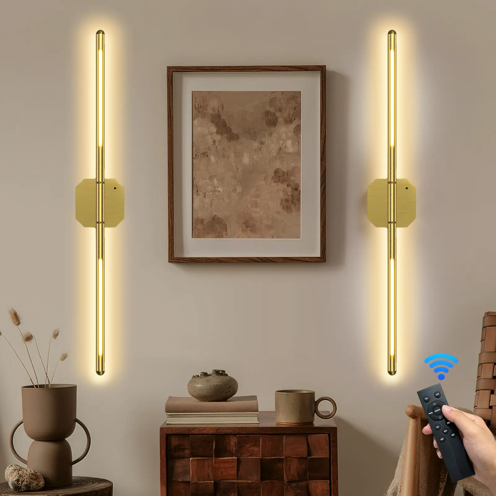 Battery Operated Wall Sconces Set of 2, Rechargeable Wireless Wall Lights with Remote & Touch Control, 360° Rotatable LED Wall Lamps, Dimmable, Gold Modern Sconces for Bedroom Living Room Hallway