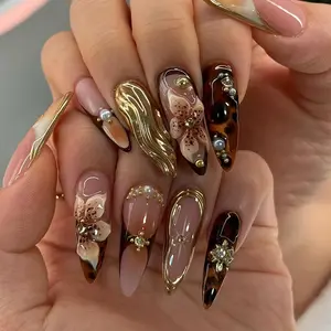 24pcs Luxury 3D Floral Almond Press-On Nails, Gold Leopard Pattern, Glitter Pearl Decor, French Tip Full Coverage, Party Office Daily Use, Nail Art Design
