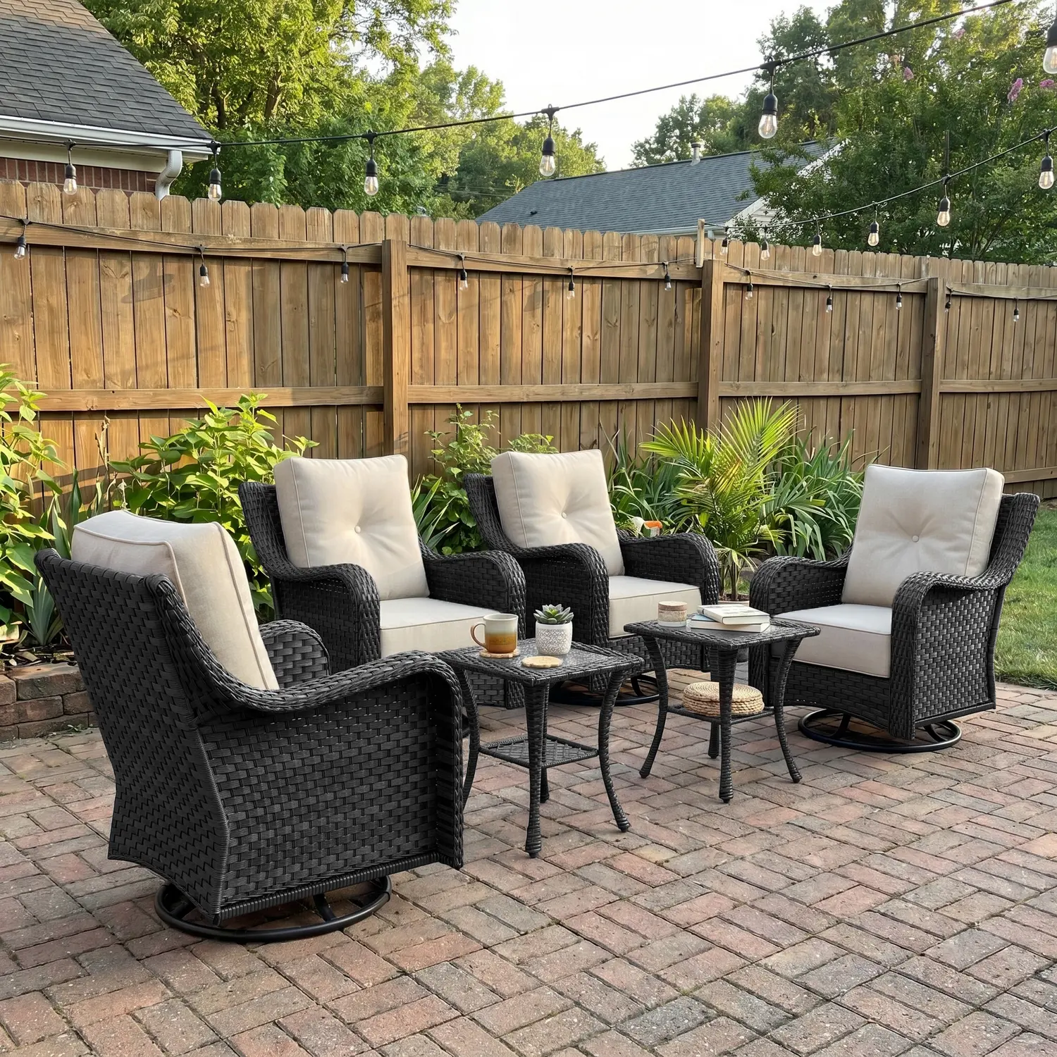 LayinSun 6 Piece Wicker Outdoor Furniture Set with 6-inch Comfy Cushions, High Back Patio Furniture Set with Swivel Rocking Chairs and Side Table, Multiple Packages summervibes