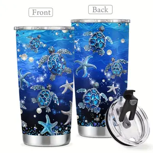 20oz Reusable Stainless Steel Insulated Tumbler - Blue Gem Starfish Sparkly Underwater Print, Ocean Sea Turtle Flask with Lid, Portable Beach-Themed Coffee Cup for Women, Summer Vibes Drinkware, Water Bottles