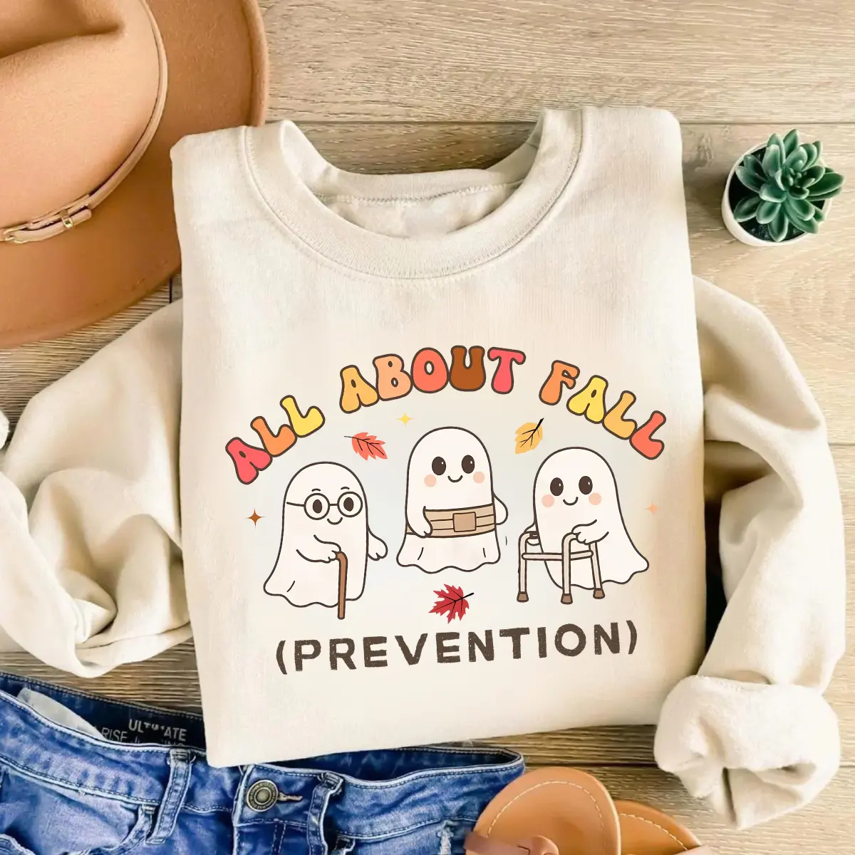 All About Fall Prevention Ghost Sweatshirt or T-Shirt, Cute Halloween Nursing Sweater, Funny Ghost Fall Safety Shirt, Autumn Occupational Therapy Gift