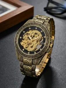 Men's Dragon Design Rhinestone Decor Mechanical Watch, Fashion Vintage Watch for Party, Daily Clothing Decor, Trendy All-match & Exquisite Watch for Birthday Gift with Box