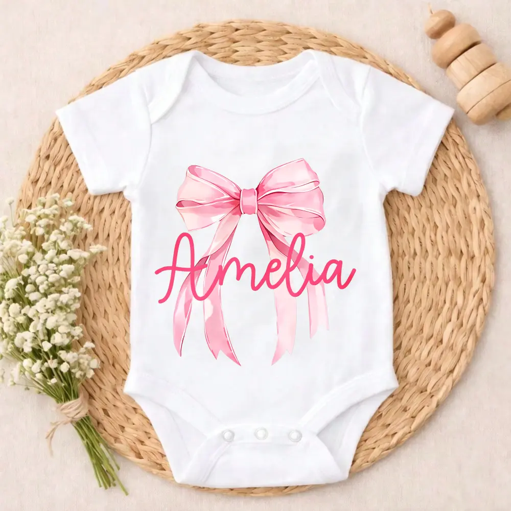 Pink Bow And Name Amelia Baby Bodysuit Casual Short SleeveRomper Crew Neck Outfit for Baby Boys & Girls  valentine's day Ultra-Soft Cotton Must-Have Comfort Baby Clothes for Outdoor Daily Wear