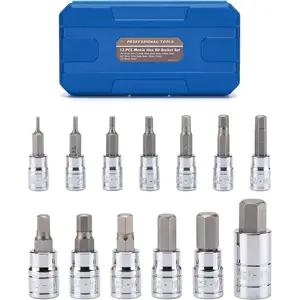 13 count Metric Hex Bit Socket Set, CR-V Allen Bit Socket Kit, S2 Steel, 2mm - 14mm, 1/4", 3/8" & 1/2" Drive