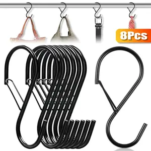 8Pcs 4Inch Large S Hooks with Safety Buckle Heavy Duty S Shaped Hooks Metal S Hooks for Jeans Clothes Kitchen Utensils Bags