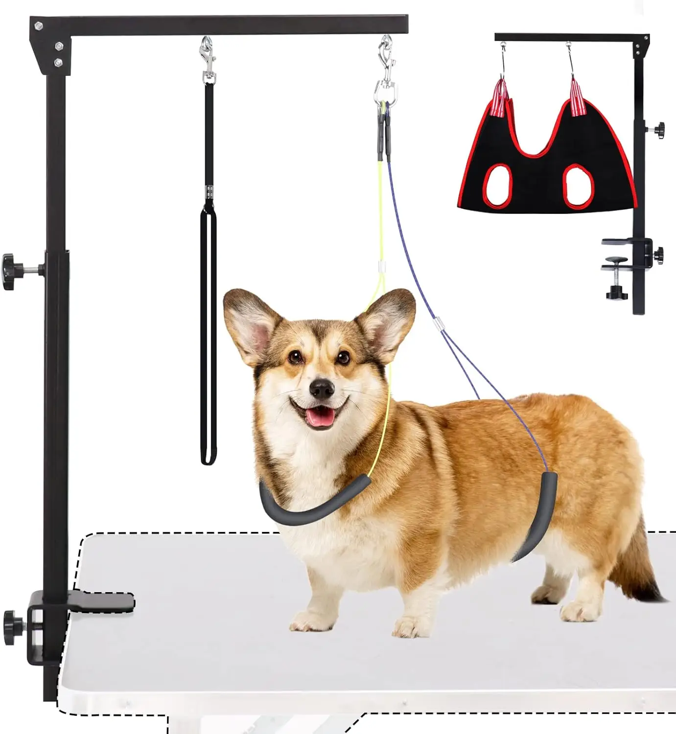 SMONTER Dog Grooming Arm with Clamp, Heavy Duty Pet Grooming Table Arm with Grooming Hammock, Loop Noose & Two No-Sit Haunch Holder, 36" Height Adjust