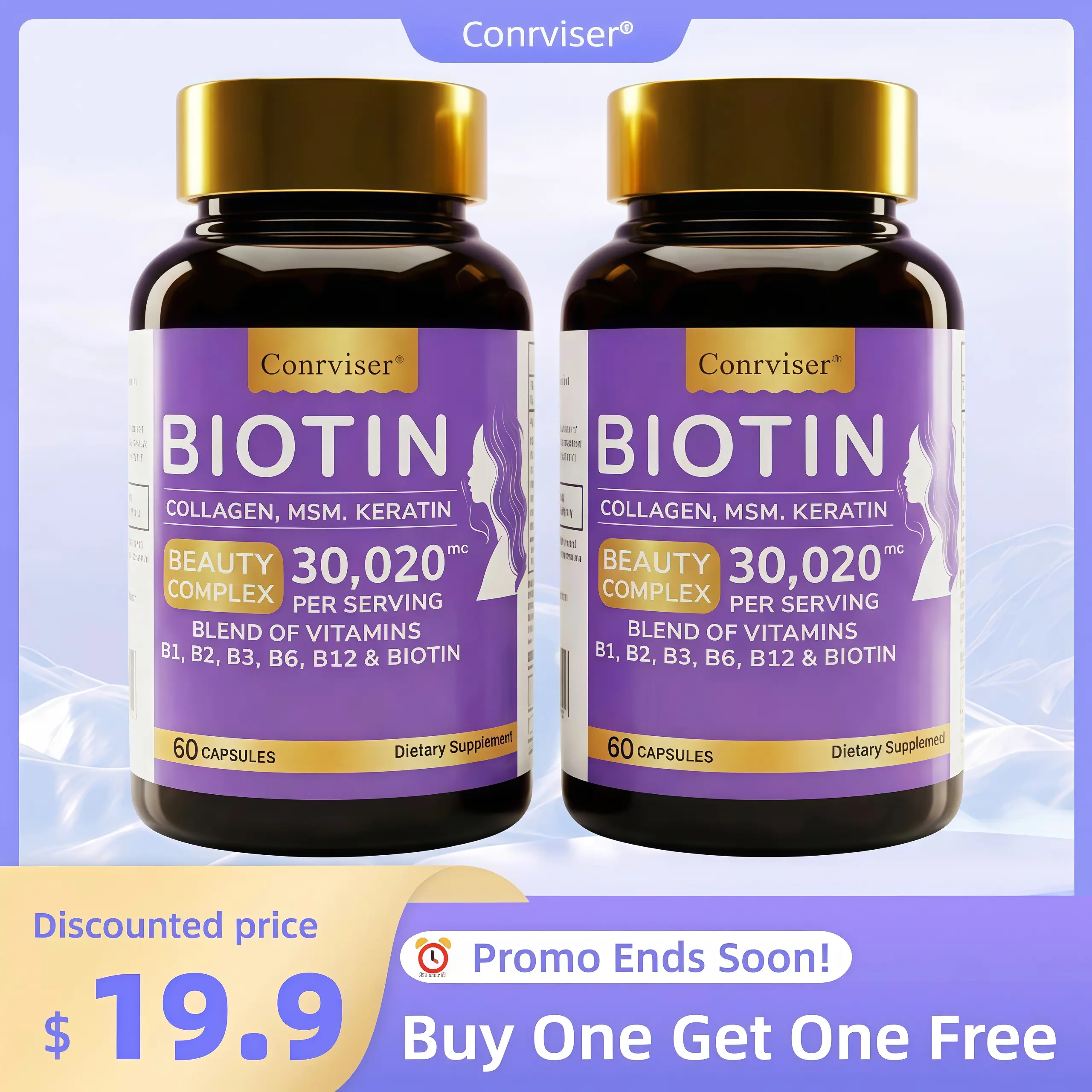Conrviser High-Potency Biotin 30020mcg Beauty Complex Collagen Keratin MSM Hair Growth Thickening Anti Loss Repair Strong Nails Skin Elasticity Brightening 60 Capsules Postpartum Solution
