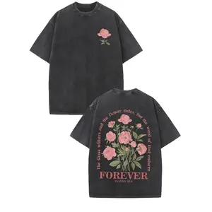 WomenS Vintage Washed T-Shirt - Thick Loose Fit Tee with Floral Forever Print in Pink, Round Neck Casual Everyday Shirt for Women, Machine Washable Everyday Basic Top, Ladies T Shirts, Summer Clothing, Geometric Pattern Shirt, Nontransparent Fabric