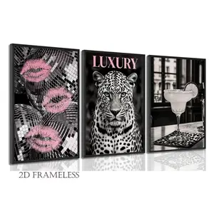 3-piece set of leopard-print canvas wall art, Art Wall Decoration, Artistic, retro-style bar cart posters featuring vintage black-and-pink leopard, cocktail, disco ball motifs, minimalist decor perfect for girls' rooms and college dorms, frameless