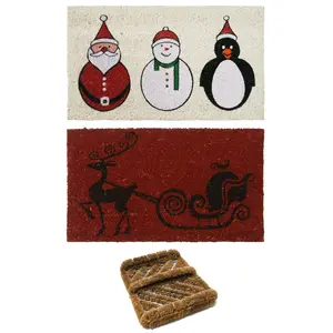 Rubber-Cal "Outdoor Christmas Doormat Kit" - 2 Coco Coir Doormats & 1 Herringbone Boot Scraper