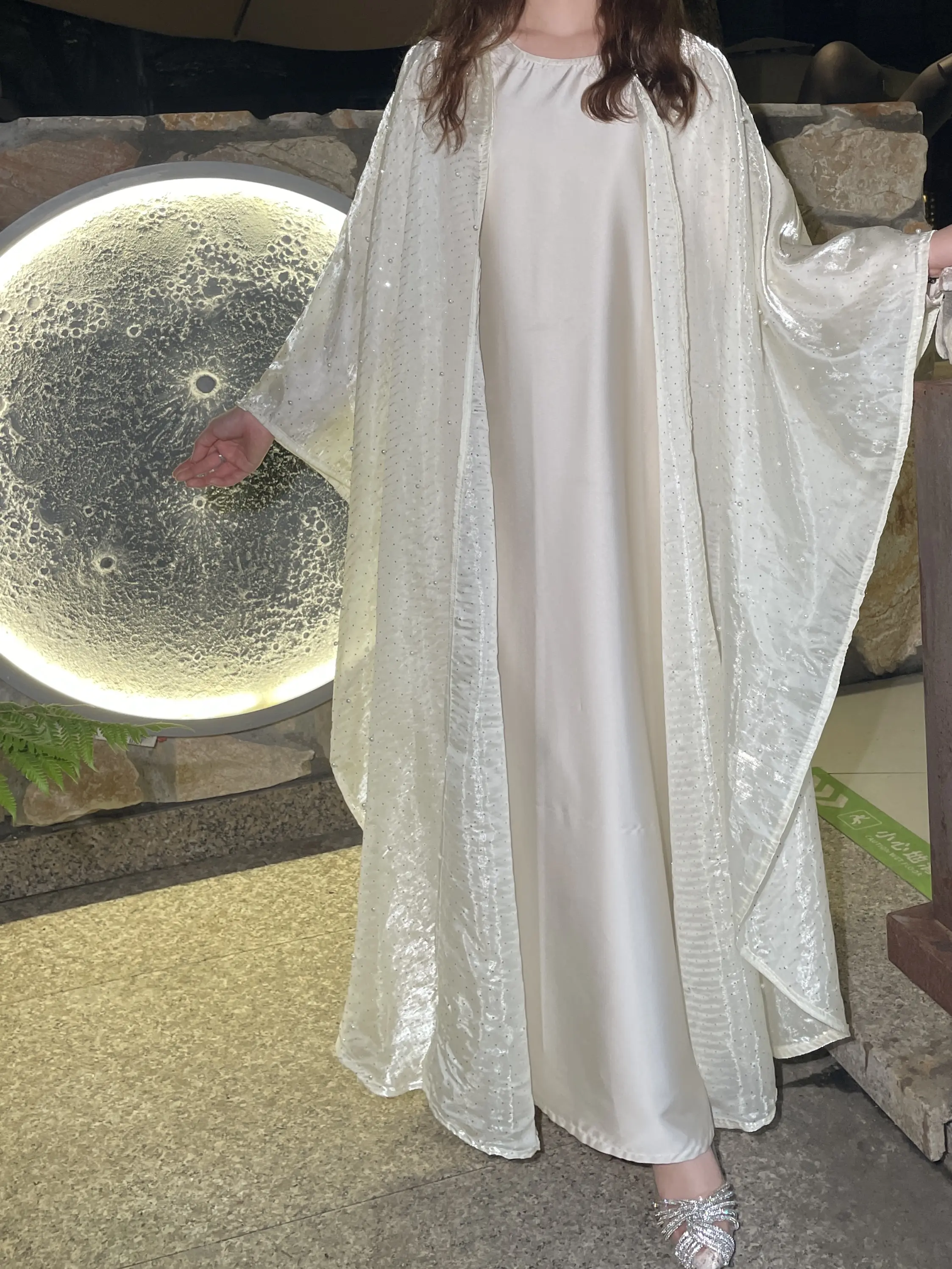 #LY02 Ramadan Promotion Shiny pearl organza abaya, two pieces set with satin inner dress classic abaya