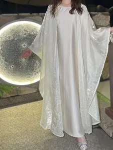 #LY02 Ramadan Promotion Shiny pearl organza abaya, two pieces set with satin inner dress classic abaya