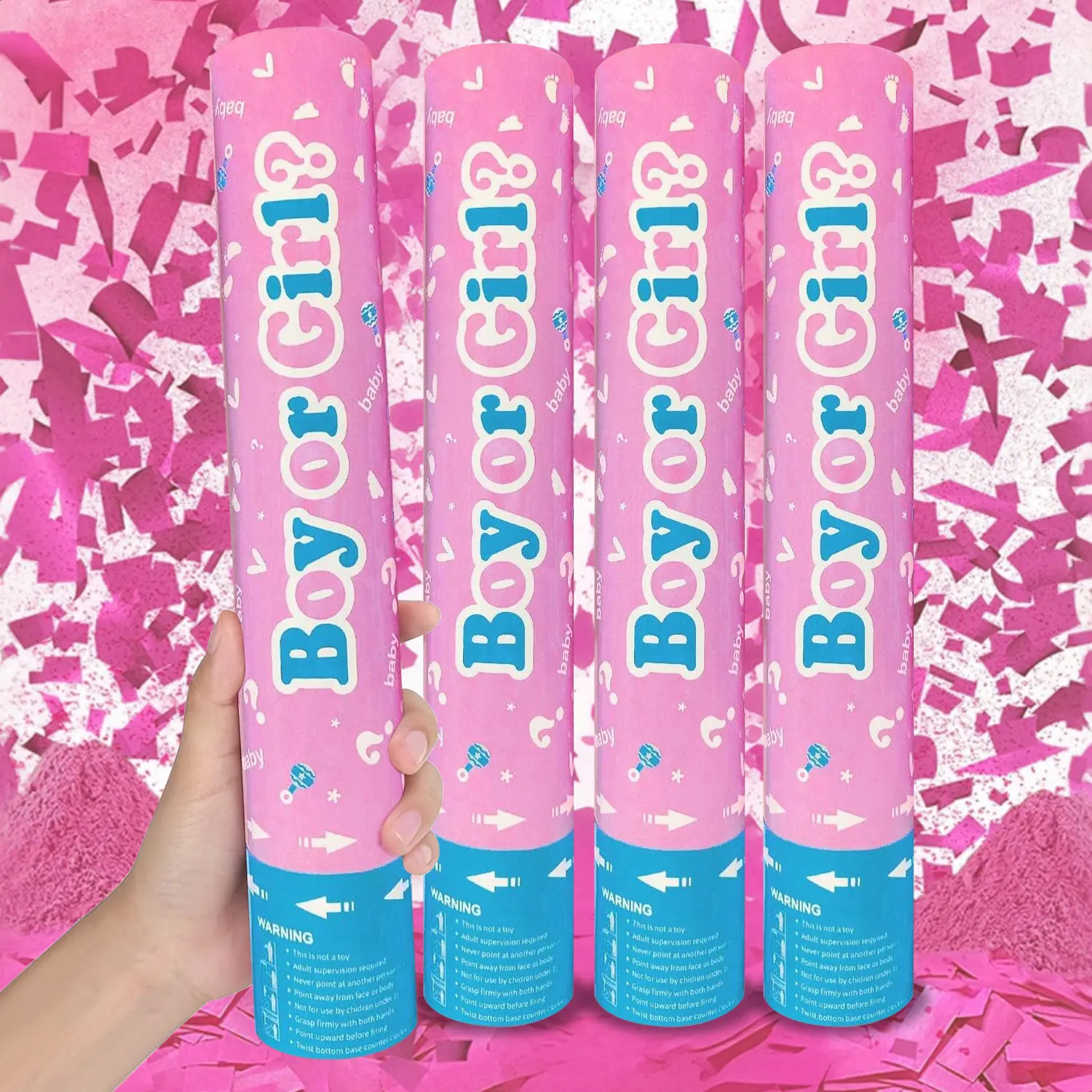 Gender Reveal Powder Cannon 4 Pack, Pink Holi Powder Confetti Poppers, Biodegradable & Safe for Baby Shower Gender Reveal Party Decor