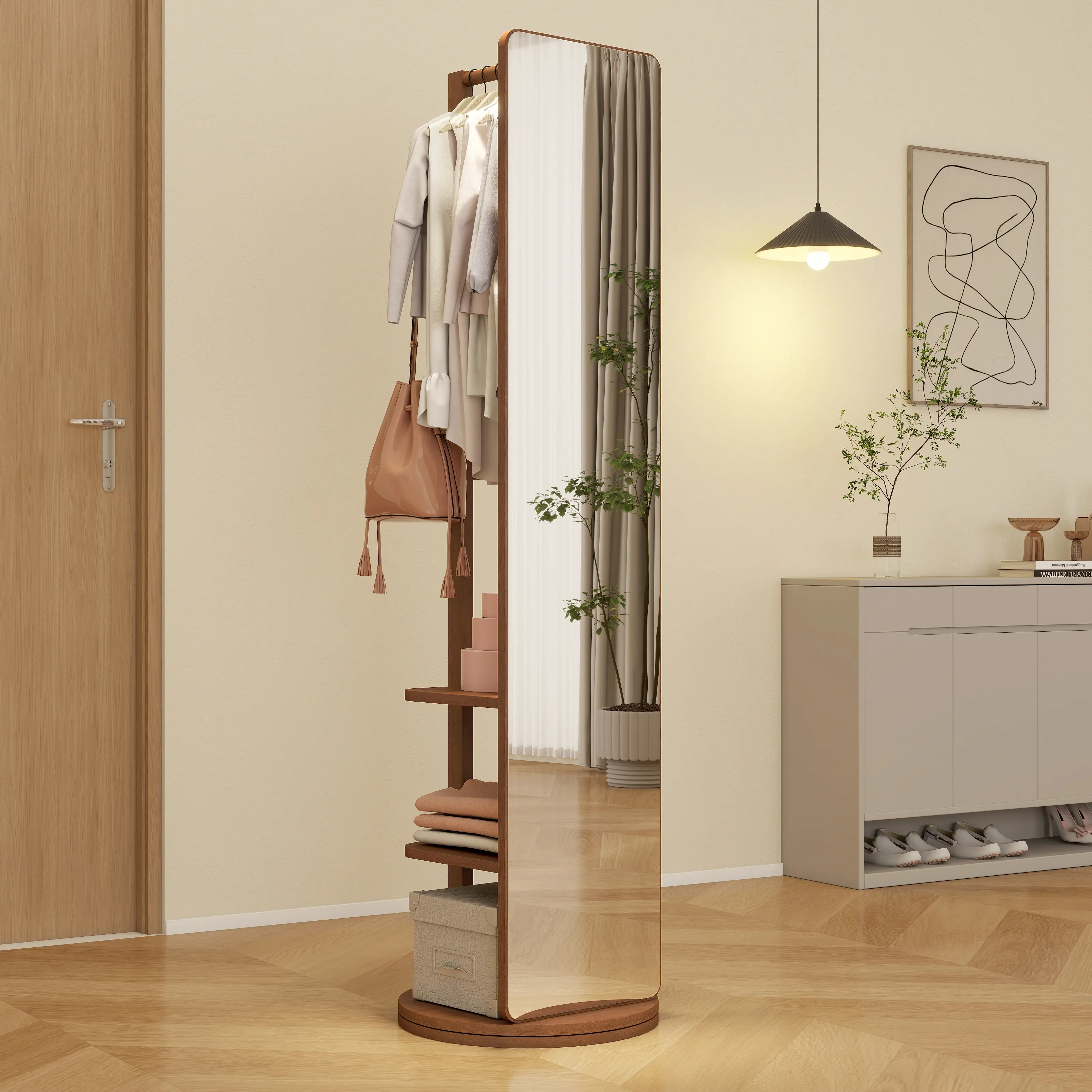 Bellemave Full-Body Mirror, 19.6x68.8in Durable Solid Rubber Wood Frame with Walnut Finish, Hanging Hanger Rack, Space-Saving Stylish Home Decor for Bedroom, Living Room, House Decor Mirrors, Room Decor, Rustic