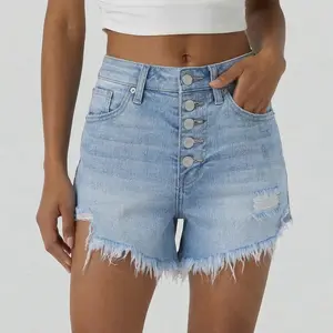 Vogatiques | Vera Stretchy Denim Shorts Mid High Rise Button Fly Ripped with Raw Hem BM121849 | BlueMoment