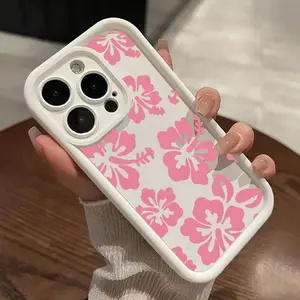 Pink Hibiscus Pattern TPU Phone Case for iPhone 16 15 14 Pro Max 13 12 11 XR XS Plus Shockproof Non Slip Military-Grade Protection Silicone Cover Cellphone Protective Smartphone Casing