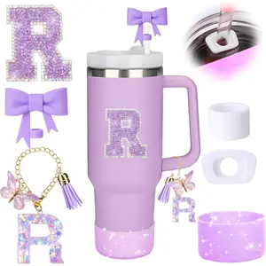 6 count Purple  Cup Accessories Set,Bow Straw Cover for  Cup 30oz 40oz, Including Straw Topper,Spill Proof Stopper,Sparkly  Boot Set,Handle Charm,Initials Sticker (R)