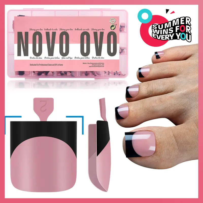 NOVO OVO Halloween Black French Tip Toe Nail Tips Press on, BERRY PINK Sharp Square Pre-Designed Soft Gel False Toenail Extension, Long / Medium Wide Fake Toenails, Full Cover Acrylic for DIY 15 Sizes 240 pcs【DOES NOT INCLUDE: LIGHT, GLUE, BUILDER GEL】,fa