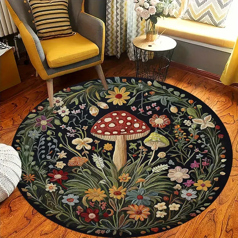Whimsical Mushroom Floral Round Felt Rug Soft Non-Slip Easy Clean Foldable Large Area Rug for Living Room Bedroom Entryway Festive Christmas Home Decor