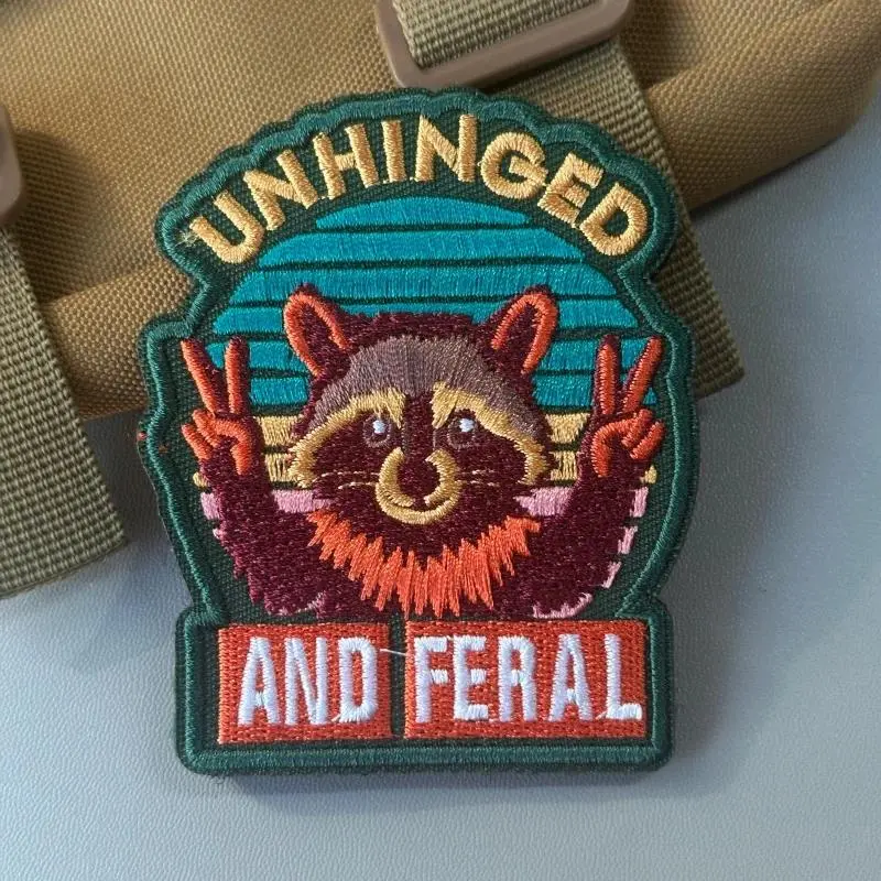 Unhinged Raccoon Morale Tactical Patches Feral Animal Embroidery Hook&Loop Patch Military Army Armband Badge Backpack Stickers Patch Embroidered