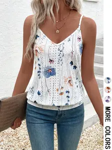 Women's Lace Hollow Out V Neck Sleeveless Print Vest Top, Casual Summer Fashion, Elegant, Chic & Feminine Stylish Design, Perfect for Daily Wear